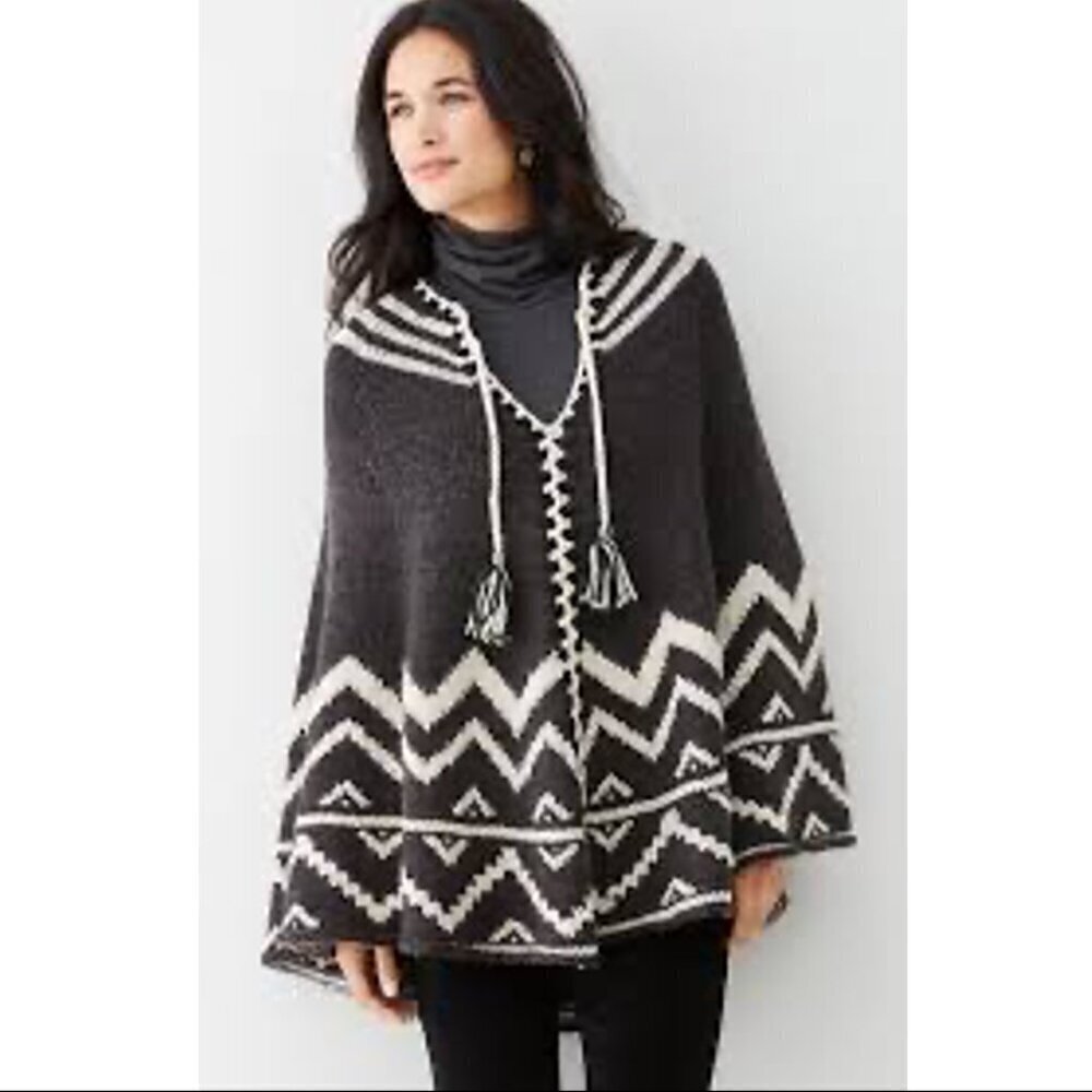 J.Jill Wool Blend Sweater Poncho – One Size – Boho Knit Cape with Tassel Tie